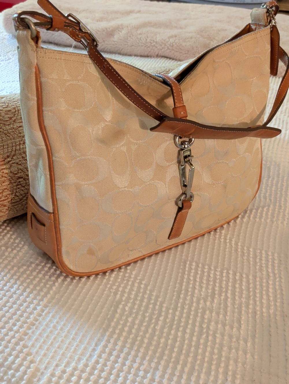 Coach 6091 Style- Cream Signature Jacquard Shoulder Bag with Tan Trim